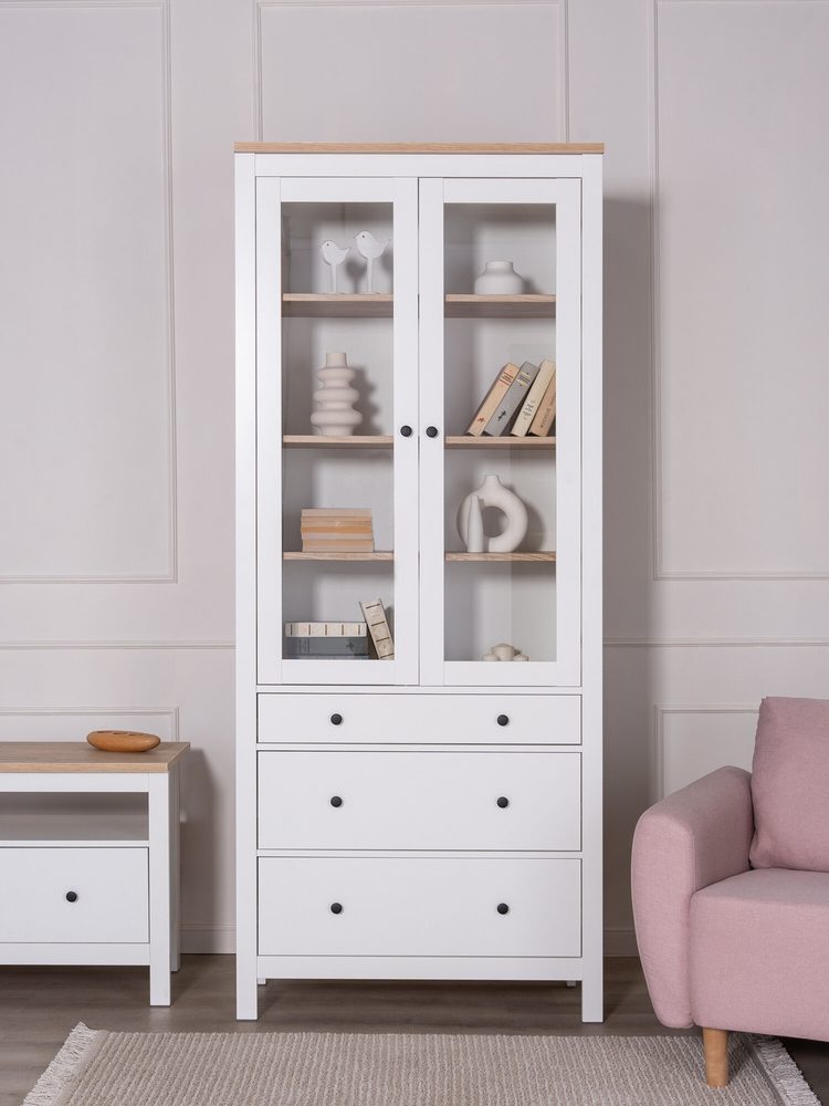 Шкаф с витриной Сага, 90х41х215 см, белый/ясень